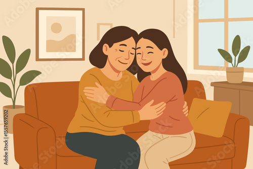 Loving senior mother and happy adult daughter hugging on the couch at home. Family relationship concept with two women sharing a tender moment. Care, support, reunion, Mother's Day.