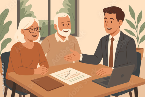 Financial advisor consulting senior couple on retirement plan. Elderly people meeting with consultant to discuss investment, savings and pension. Wealth management concept vector.