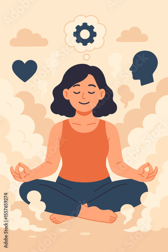 Mindfulness Meditation for Mental Health and Emotional Balance. Woman Practicing Yoga Breathing, Relaxation, Stress Relief, Self-Care, Positive Thought Process, Wellness and Inner Peace Concept