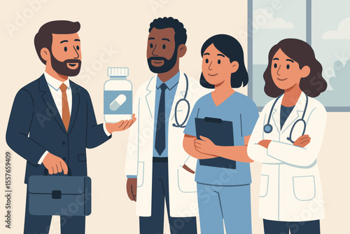 Pharmaceutical representative presenting a new drug to a diverse healthcare team. Multiethnic doctors and nurse listen to a pharma sales rep in a hospital. Medical collaboration concept. Vector.
