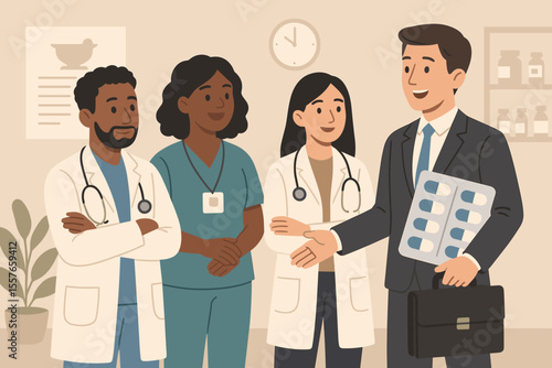 Pharmaceutical representative meeting with a diverse, multiethnic healthcare team. Medical sales rep presenting new medicine pills to doctors and nurse in a hospital clinic setting.