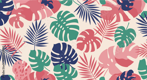 Colorful Tropical Foliage Pattern Monstera Palm Leaves in Pink Green and Navy.