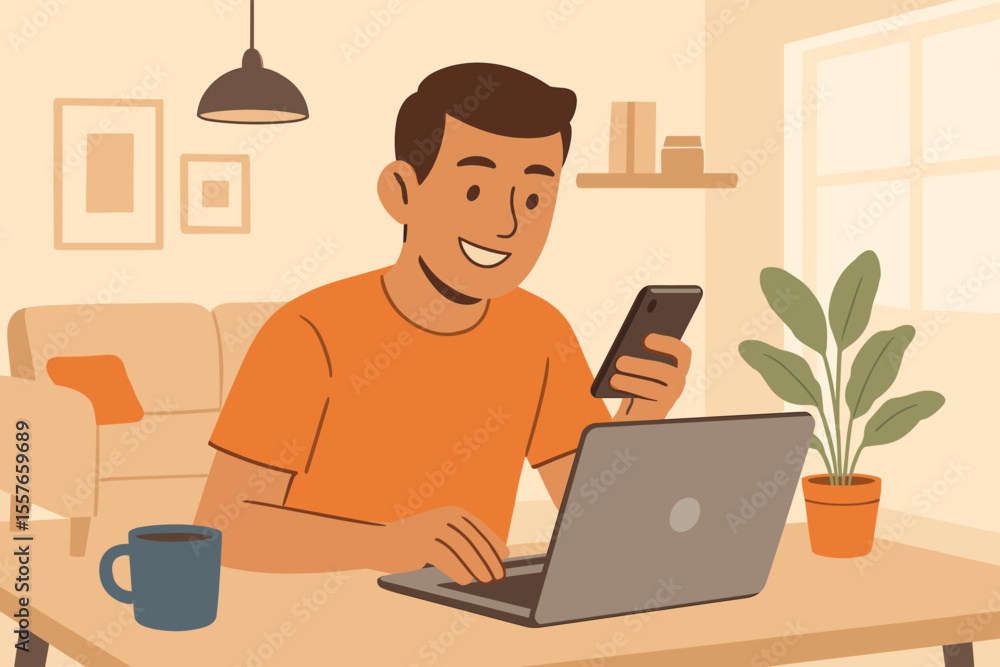 Young man multitasking at home office, working remotely on laptop and smartphone, modern flat vector illustration, cozy living room interior, remote work, digital communication, productivity concept Young man multitasking at home office, working remotely on laptop and smartphone, modern flat vector illustration, cozy living room interior, remote work, digital communication, productivity concept