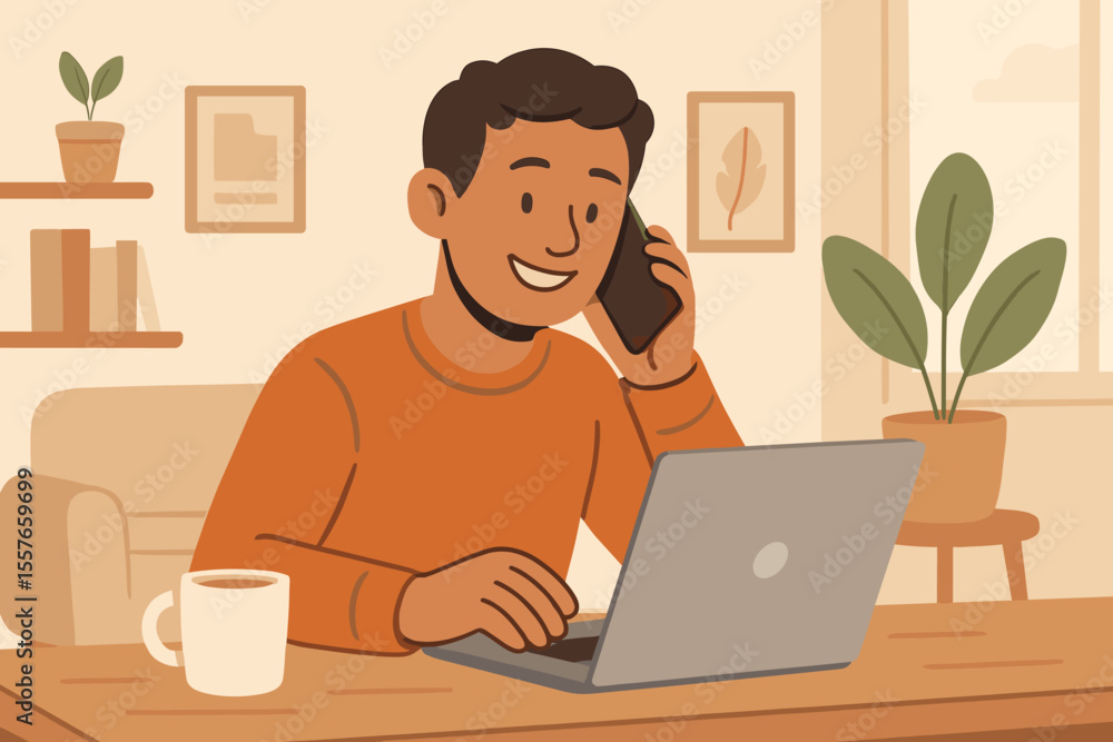 Remote work from home concept. Young man multitasking, using laptop and talking on smartphone in cozy living room interior. Modern flat vector illustration. Home office productivity, telecommuting. Remote work from home concept. Young man multitasking, using laptop and talking on smartphone in cozy living room interior. Modern flat vector illustration. Home office productivity, telecommuting.