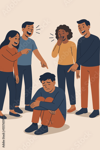 Bullying problem concept. Group of people mocking, laughing, pointing at sad man sitting on floor. Social exclusion, mental health, harassment, abuse, depression. Flat vector illustration.