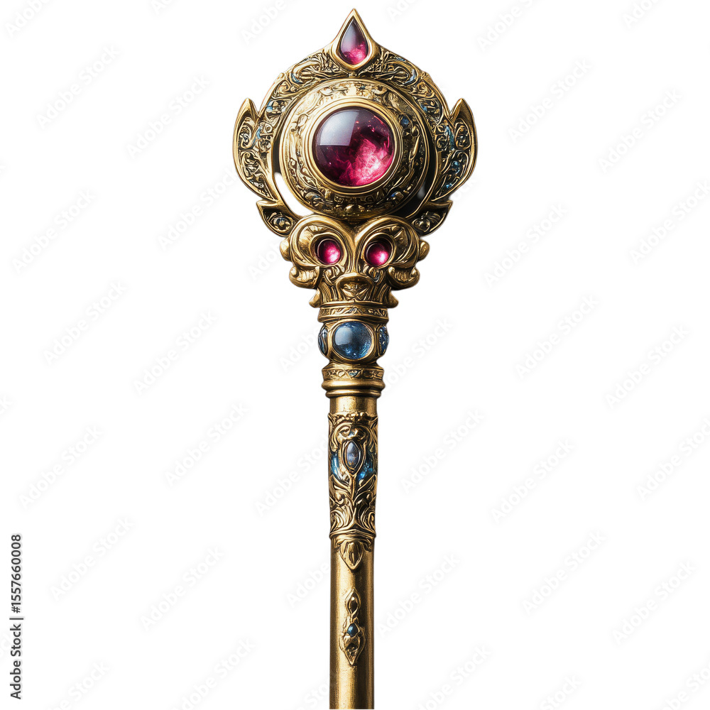 Fototapeta premium Explore the Majestic Splendor of an Ornate Scepter adorned with Gemstones, a Symbol of Royalty and Authority, Reflecting Rich Cultural Heritage and Artistic Mastery.