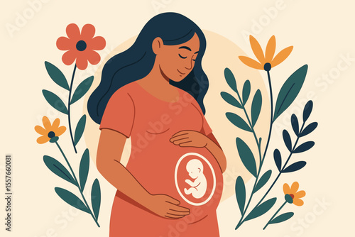 Pregnant Woman Vector Illustration, Maternity Health, Motherhood, Expecting Baby, Prenatal Care, Pregnancy Concept, Floral Background, Modern Flat Cartoon, Wellness, Family, New Life, Growth