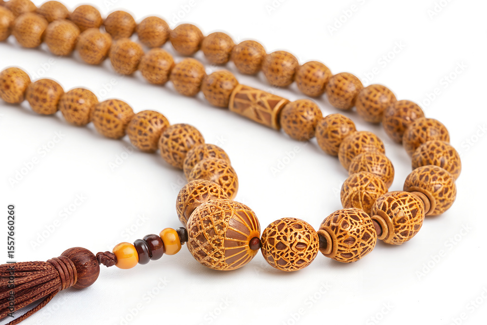 Obraz premium Close-up of intricately carved wooden prayer beads, mala, for meditation