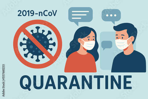 Coronavirus Quarantine Vector Illustration. 2019-nCoV Pandemic. People in Medical Masks Communicating Online. Social Distancing, Virus Ban Symbol, Remote Interaction, Preventing Infection Spread