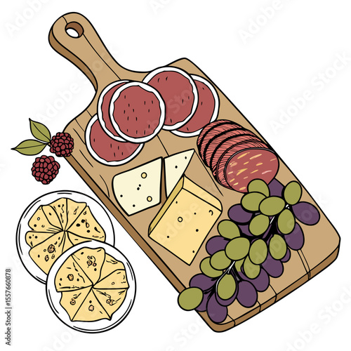 Wooden Charcuterie Board with Salami Cheese Grapes and Pastries Isolated Illustration wooden board