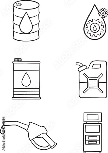 set of six black and white line art illustrations showing oil and fuel icons: barrels, a jerrycan, a fuel nozzle, a pump station, and an oil drop with a gear. Ideal for energy, industry, or transport.