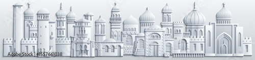 White papercut style vector illustration of an oriental city with domes, towers, and minarets. Perfect for Arabian, Islamic, and fairytale themed designs