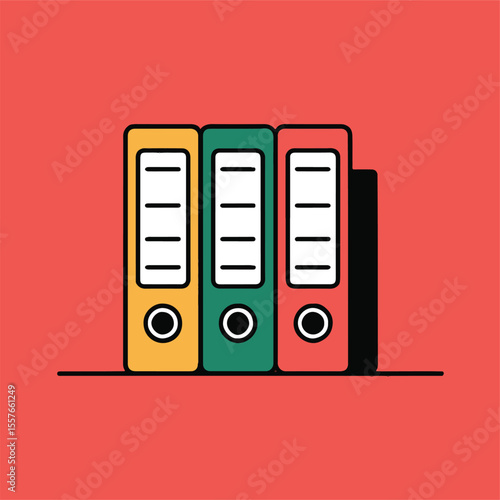 Illustration of three ring binders in yellow green and red on a red background with a black binder
