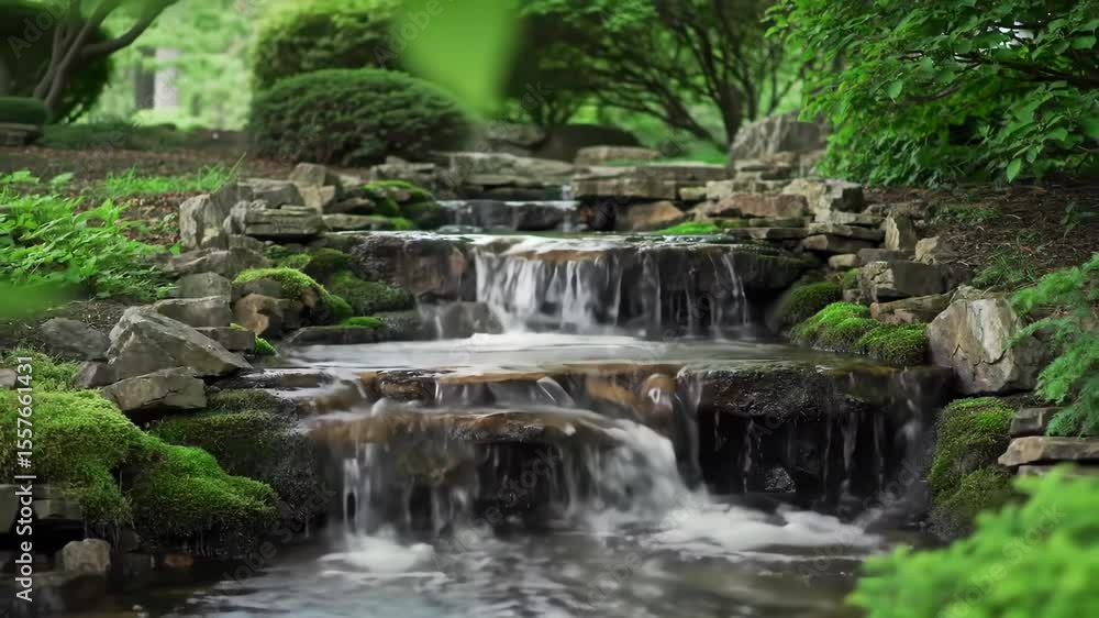 Serene waterfall cascading through lush greenery in tranquil garden setting Serene waterfall cascading through lush greenery in tranquil garden setting