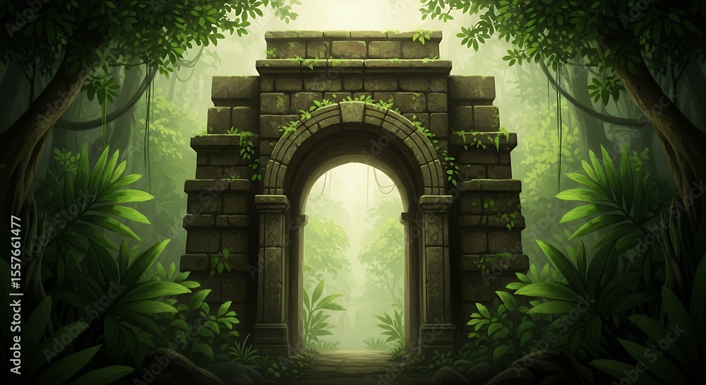 Obraz premium Stone Archway in Lush Jungle Forest with Bright Light Ahead