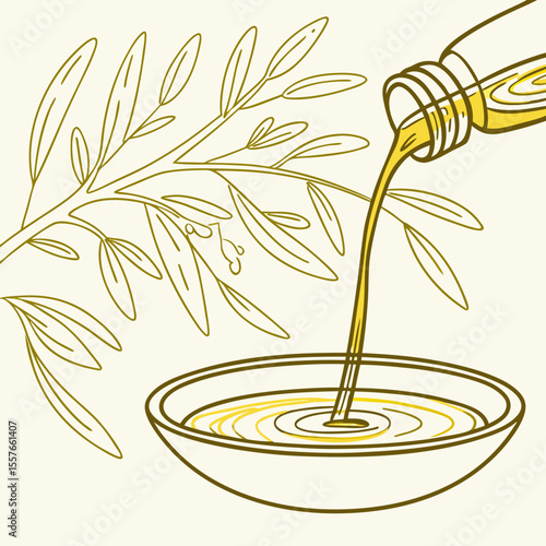 Olive Oil Pouring from Bottle into Bowl with Olive Branch Illustration Golden Yellow and Green Line Art Style