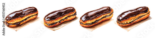 Set watercolor chocolate glazed eclairs topping isolated on transparent background