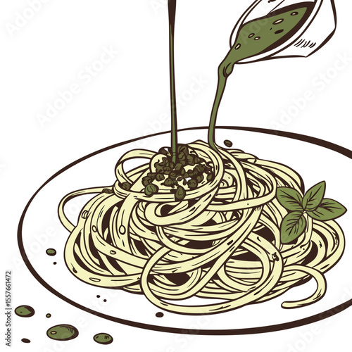 Green Pesto Drizzle on Pale Yellow Spaghetti Plate of Pasta Basil Garnish Food Illustration vector