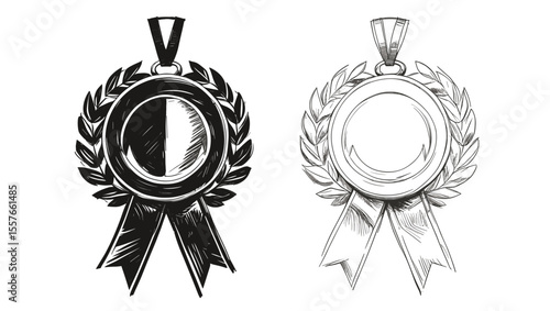 Two sketched oval awards with ribbons and laurel wreaths in black and white tones