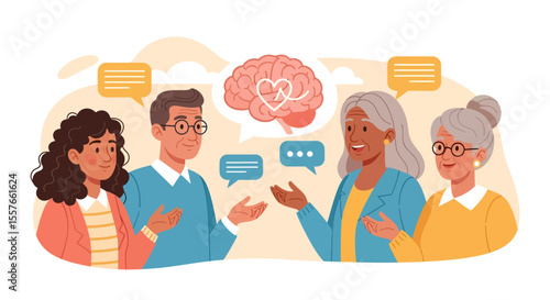 Diverse group discussing mental health with brain and heart illustration.