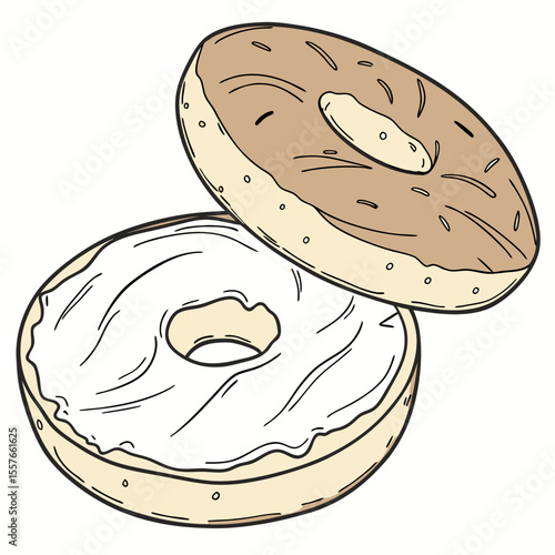 Sliced Brown Bagel with Creamy White Spread Hand Drawn Illustration Breakfast Food Bakery Item sliced bagel