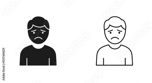 Two depictions of a sad person with downturned mouth and eyes in solid and outline form