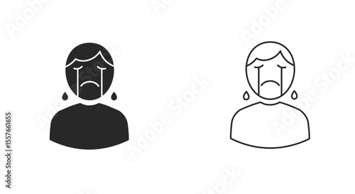 Two depictions of a crying person with teardrops falling, one solid and one outline