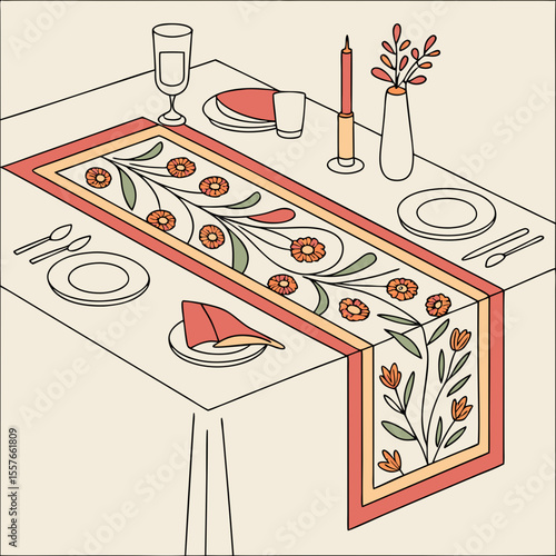 Table Setting with Orange Flower Table Runner Beige Tabletop Line Art Illustration place setting floral pattern
