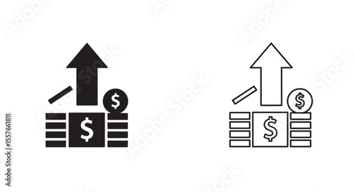 Illustration of money stacks with dollar signs and an upward arrow indicating growth