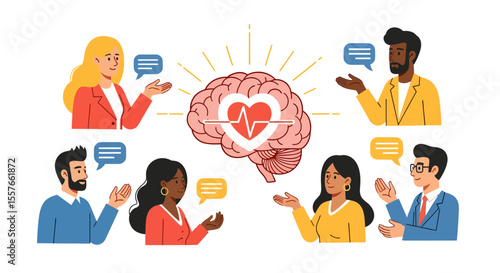 Diverse group discussing mental health with brain and heart symbol.