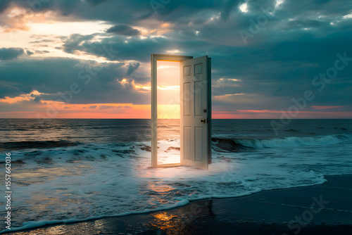 A door standing in the middle of the ocean, half open with light pouring through, waves frozen mid-motion, metaphorical escape theme