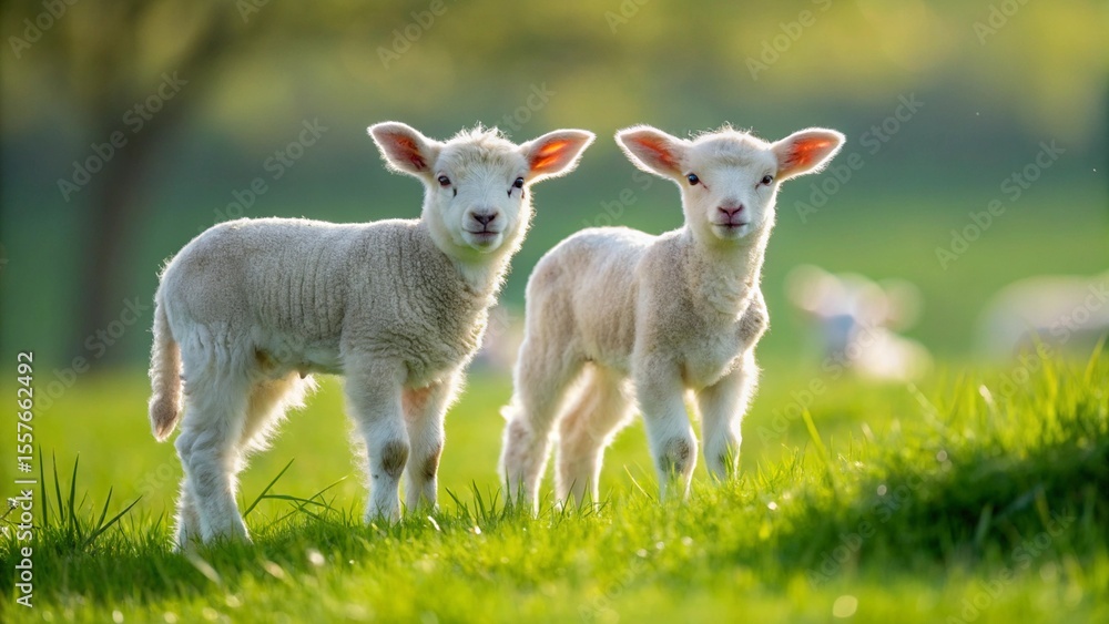 Two Adorable Lambs in Spring Pasture, Golden Hour Light, Fluffy White Fur, Happy and Playful Mood Two Adorable Lambs in Spring Pasture, Golden Hour Light, Fluffy White Fur, Happy and Playful Mood