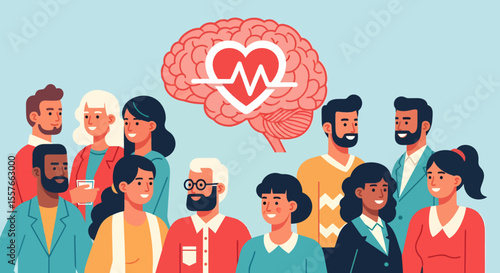 Diverse group of people with a brain icon showing a heart rate.