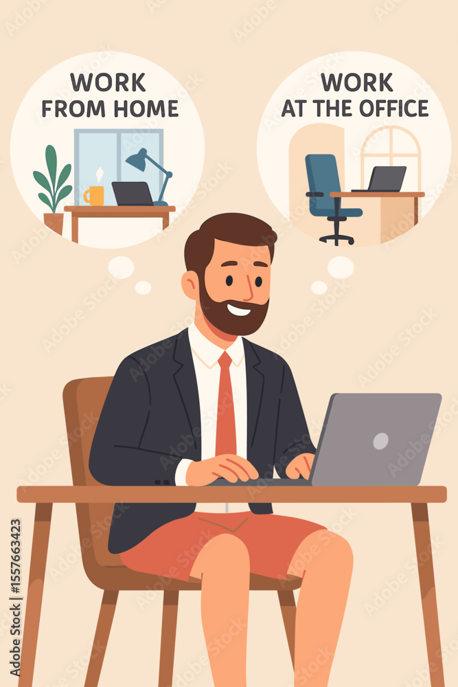 Hybrid work model concept. Businessman choosing between remote work from home or returning to the office. Employee making a decision about the future of work. Vector illustration. Hybrid work model concept. Businessman choosing between remote work from home or returning to the office. Employee making a decision about the future of work. Vector illustration.
