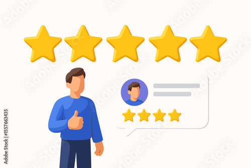 Customer satisfaction concept. 3D man gives a positive review with a thumbs up. Five star rating for best quality service. Client feedback, user experience and testimonial vector.