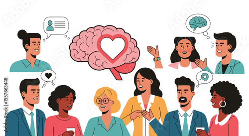 Diverse group of people with thought bubbles and a brain with a heart.