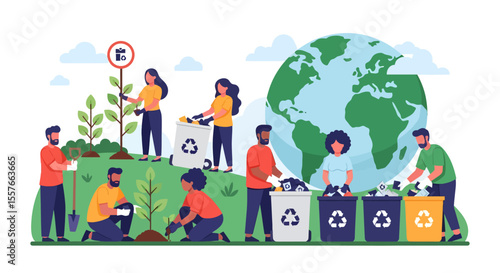 Diverse Group Planting Trees and Sorting Recycling with Earth Globe Backdrop.