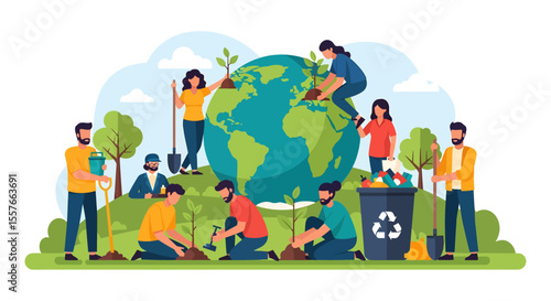 Diverse Group Planting Trees on Earth Globe and Recycling Waste.