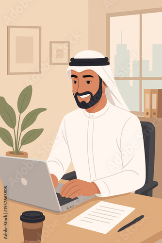 Middle Eastern businessman working on a laptop in a modern office. Arab entrepreneur at his desk. Muslim professional typing on computer. Corporate workplace with city view. Success concept.