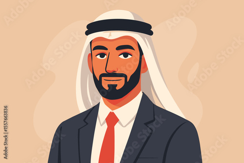 Middle Eastern businessman portrait. Arab man in traditional keffiyeh and business suit. Professional Saudi, Emirati, or Qatari executive. Islamic entrepreneur avatar illustration.