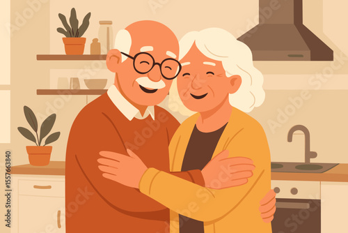 Happy senior couple embracing in the kitchen. Loving elderly man and woman hugging. Grandparents enjoying retirement together. Concept of healthy aging, companionship, and love.