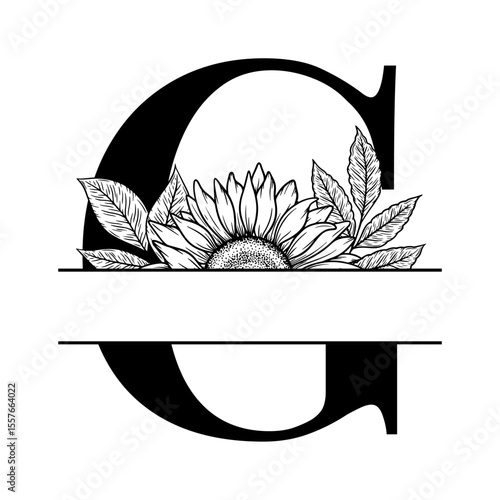 Sunflower split monogram design, alphabet letter G decorated with floral illustration. Perfect for personalized gifts, farmhouse decor, wedding initials, laser cut file, family sign, and DIY crafts.