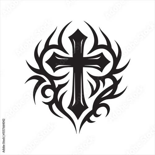 Intricate Tribal Cross Design Black and White Tattoo Idea Symbolizing Faith and Strength with Edgy Modern Flair