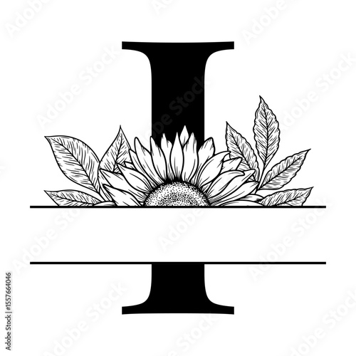 Sunflower split monogram design, alphabet letter I decorated with floral illustration. Perfect for personalized gifts, farmhouse decor, wedding initials, laser cut file, family sign, and DIY crafts.