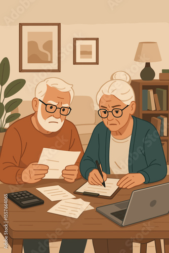 Senior couple managing family budget. Focused elderly man and woman reviewing bills, planning retirement finances with laptop and calculator. Financial stress, debt concept vector.