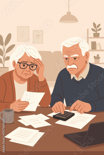Stressed senior couple managing finances. Worried elderly family with bills and calculator. Concept of retirement planning, debt, and budget problems. Flat vector illustration.