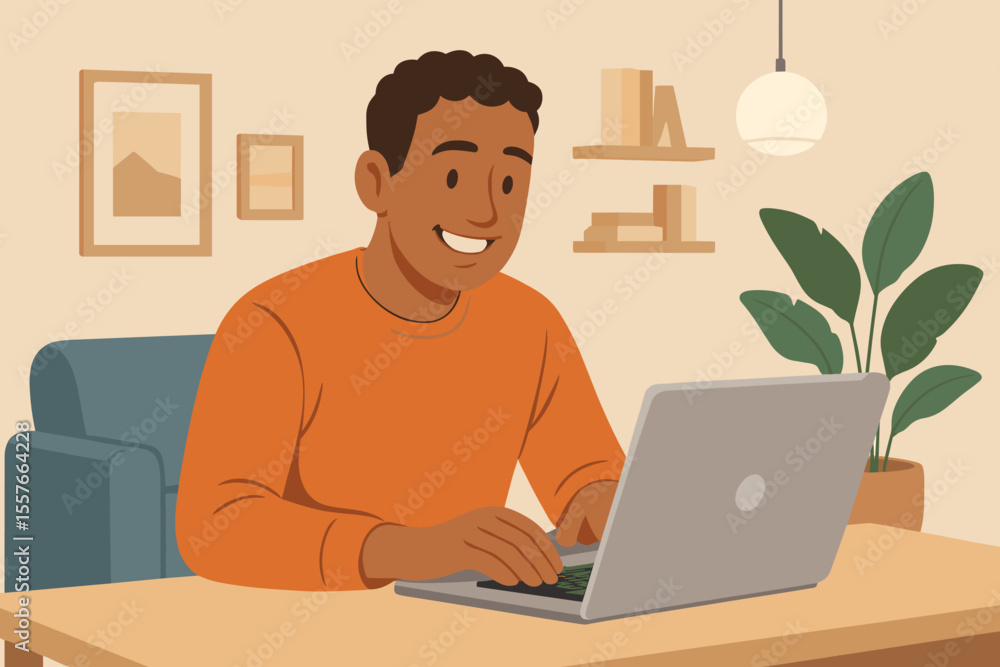Happy young man working on laptop at home. Freelancer or student studying in a cozy home office. Remote work, online education, e-learning concept. Modern flat vector illustration. Happy young man working on laptop at home. Freelancer or student studying in a cozy home office. Remote work, online education, e-learning concept. Modern flat vector illustration.
