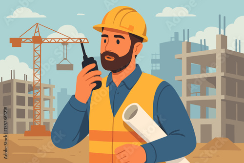 Male builder or engineer at a construction site. Foreman in a hard hat and safety vest using a radio and holding a blueprint. Building development and architecture vector concept.