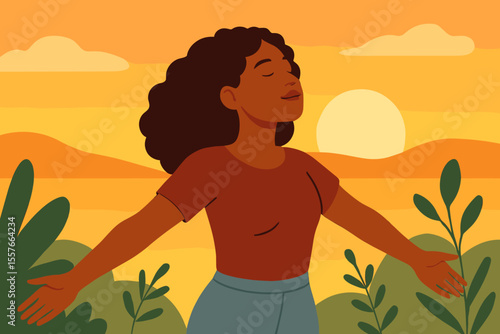 Mindfulness and relaxation concept. Young black woman with outstretched arms breathing fresh air in nature. Serenity, freedom, and mental health. Vector illustration at sunset.