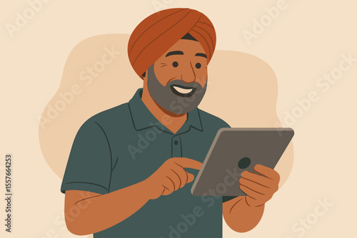 Happy Indian mature man in a turban using a digital tablet. Smiling senior Sikh person browsing internet. Concept for technology and elderly. Modern flat vector cartoon illustration.